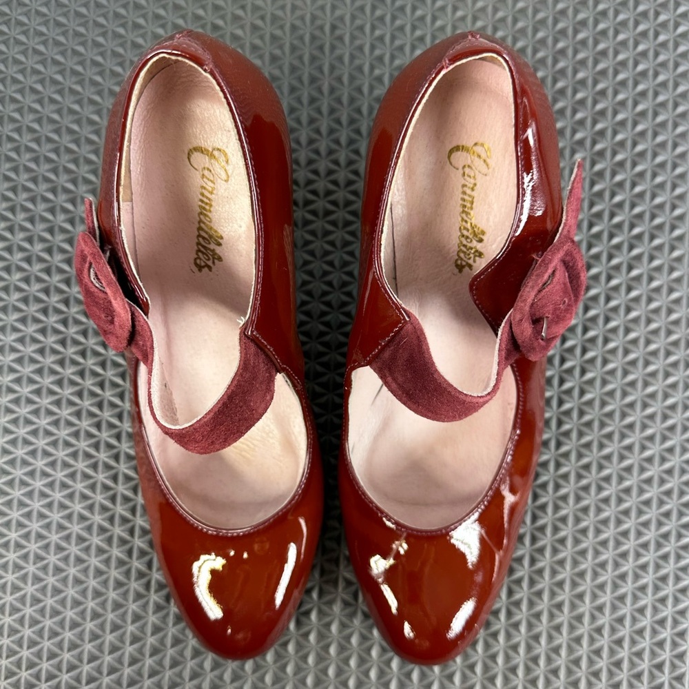 Carmelletes Wine Red Patent Leather Suede Mary Janes Heels Dancing Shoes, Sz 5 - Picture 4 of 12